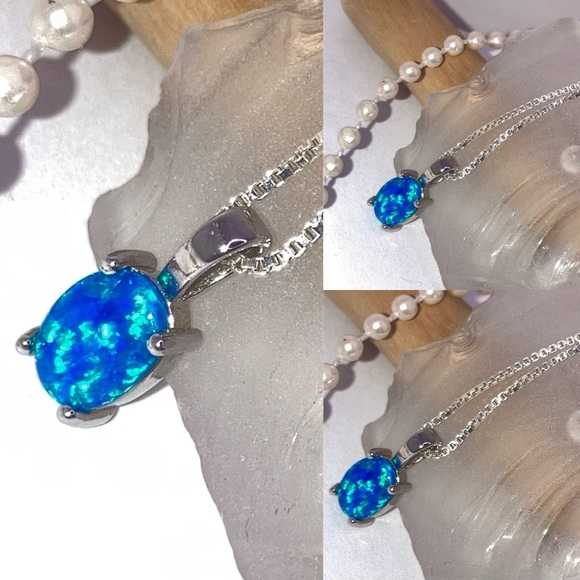 Blue Fire Opal Gemstone Dainty Stamped Pendant Necklace - Picture 7 of 7